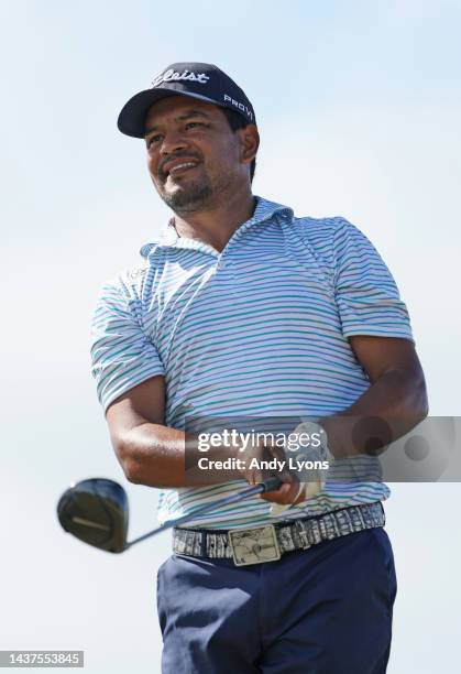 Fabian Gomez of Argentina plays his shot from the ninth tee during the third round of the Butterfield Bermuda Championship at Port Royal Golf Course...
