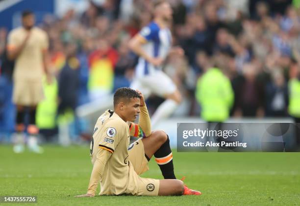 Thiago Silva of Chelsea reacts during the Premier League match between Brighton & Hove Albion and Chelsea FC at American Express Community Stadium on...