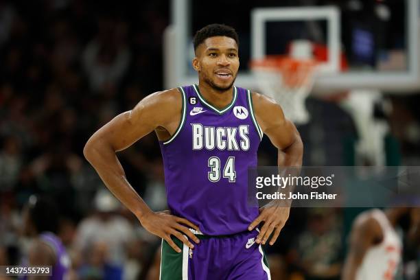 Giannis Antetokounmpo of the Milwaukee Bucks is all smiles after a score during the second half of the game against the New York Knicks at Fiserv...