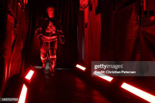 Juuso Valimaki of the Arizona Coyotes is introduced before the NHL game against the Winnipeg Jets at Mullett Arena on October 28, 2022 in Tempe,...