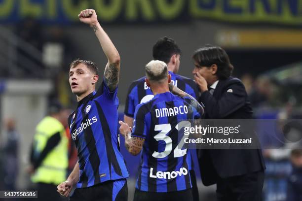 Nicolo Barella of FC Internazionale celebrates after scoring their team's second goal during the Serie A match between FC Internazionale and UC...