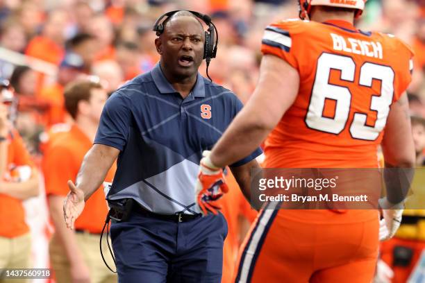 Head Coach Dino Babers of the Syracuse Orange reacts during the third quarter against the Notre Dame Fighting Irish at JMA Wireless Dome on October...
