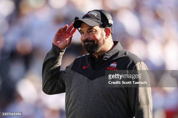 Head coach Ryan Day of the Ohio State Buckeyes reacts after a play against the Penn State Nittany Lions during the second half at Beaver Stadium on...