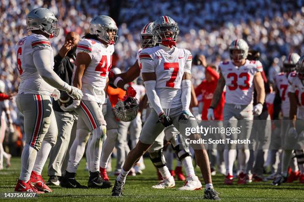 Jordan Hancock of the Ohio State Buckeyes celebrates after a play against the Penn State Nittany Lions during the second half at Beaver Stadium on...