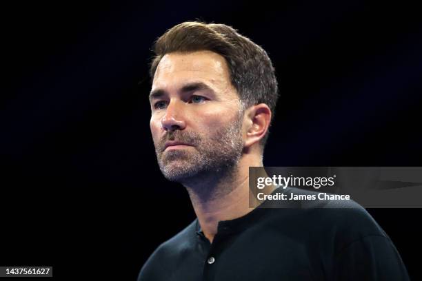 Eddie Hearn looks on during the ring walks prior to the EBU European Featherweight title fight between Jordan Gill and Kiko Martinez at OVO Arena...