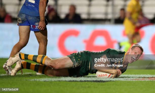 Lindsay Collins of Australia goes over to score their sides twelfth try during Rugby League World Cup 2021 Pool B match between Australia and Italy...
