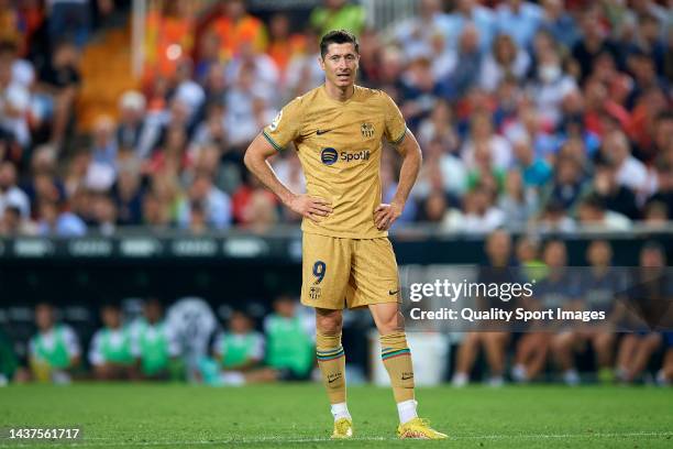 Robert Lewandowski of FC Barcelona looks on during the LaLiga Santander match between Valencia CF and FC Barcelona at Estadio Mestalla on October 29,...