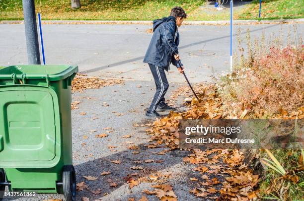 teenage boy sweeping autumn leaves - vegen stockfoto's en -beelden