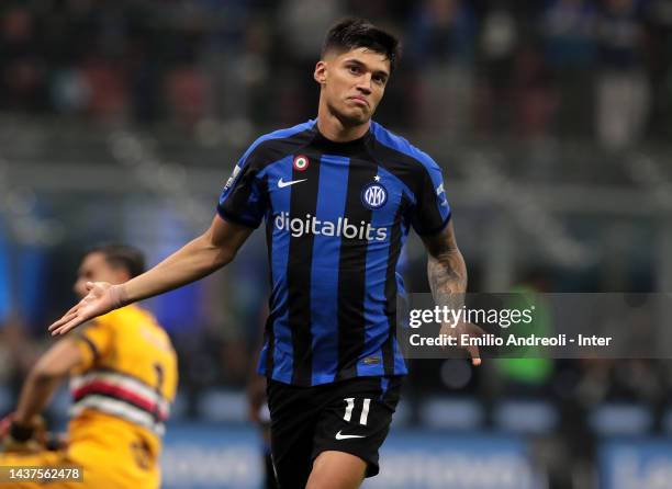 Joaquin Correa of FC Internazionale celebrates after scoring their team's third goal during the Serie A match between FC Internazionale and UC...