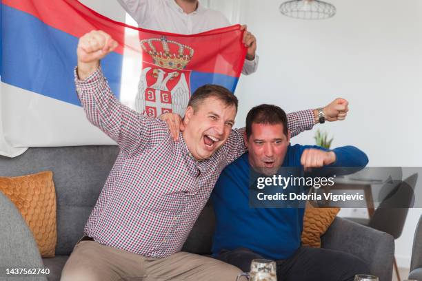 happy men laughing when embracing when watching sports on tv - finals game two stock pictures, royalty-free photos & images