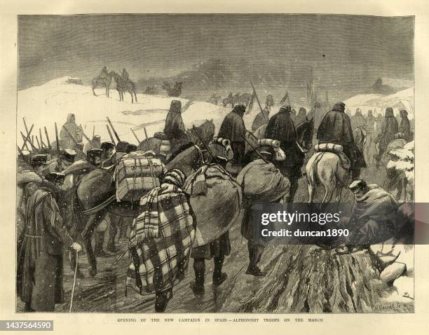 stockillustraties, clipart, cartoons en iconen met third carlist war, spain, alphonsist soldiers marching through the snow, spanish 19th century military history - spaanse burgeroorlog