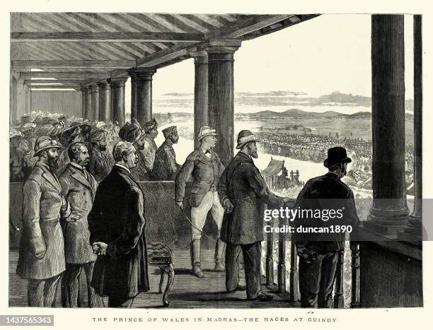 prince of wales, later edward vii, royal visit to india, at the races in guindy, madras, victorian british empire history - chennai stock illustrations