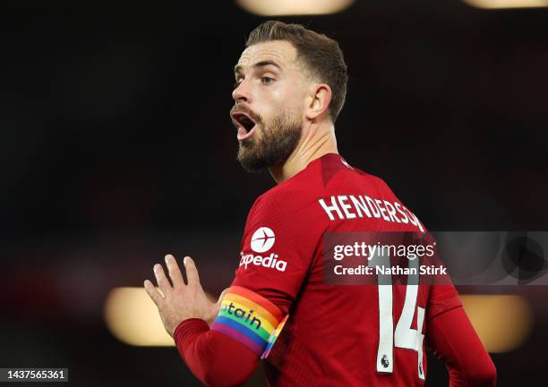 Jordan Henderson of Liverpool reacts during the Premier League match between Liverpool FC and Leeds United at Anfield on October 29, 2022 in...