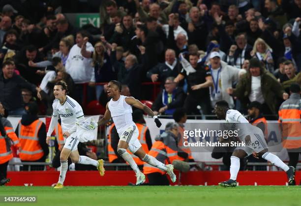 Crysencio Summerville of Leeds United celebrates after scoring their team's second goal during the Premier League match between Liverpool FC and...