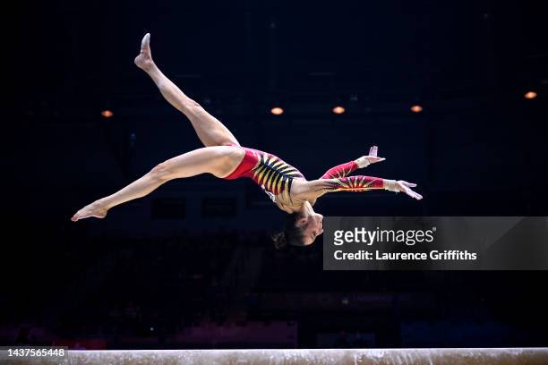 Nina Derwael of Team Belgium competes on Balance Beam during Women's Qualification on Day One of the FIG Artistic Gymnastics World Championships at...