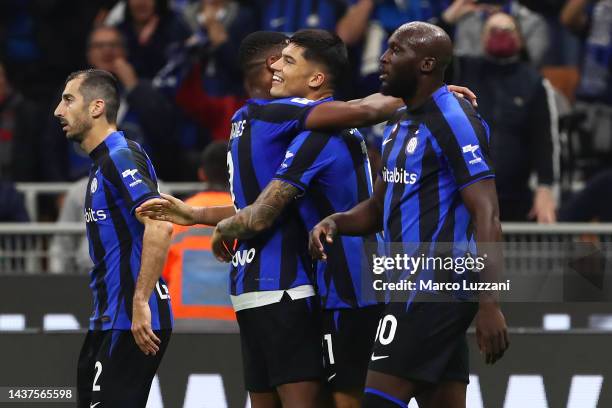 Joaquin Correa of FC Internazionale celebrates with teammates after scoring their team's third goal during the Serie A match between FC...