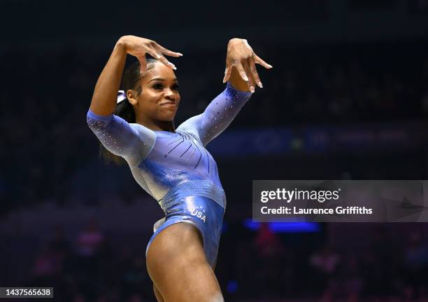 Shills Jones of Team United States of America competes on Floor during Women's Qualification on Day One of the FIG Artistic Gymnastics World...