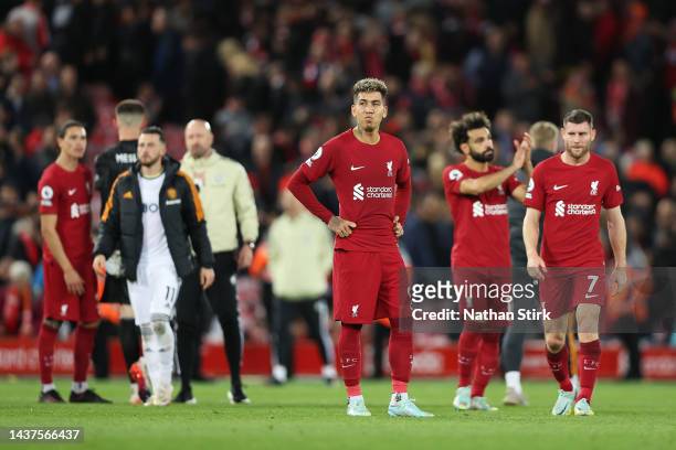 Roberto Firmino of Liverpool looks dejected following their side's defeat in the Premier League match between Liverpool FC and Leeds United at...