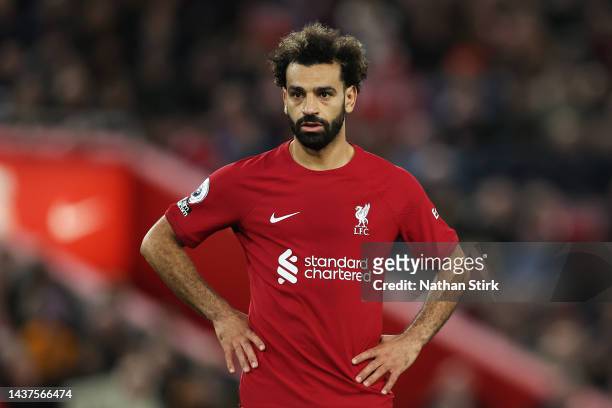 Mohamed Salah of Liverpool looks dejected during the Premier League match between Liverpool FC and Leeds United at Anfield on October 29, 2022 in...