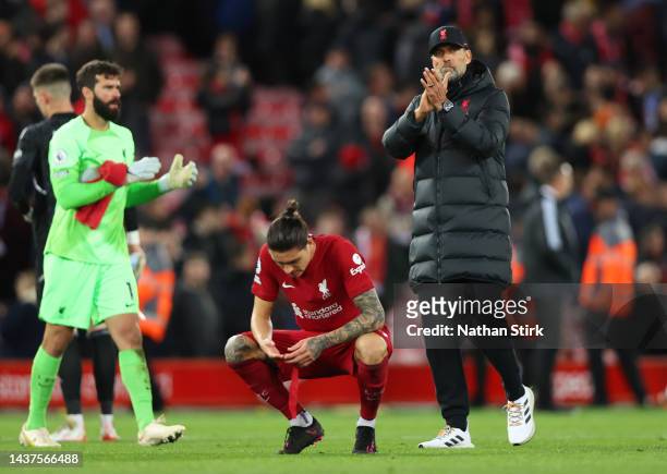 Jurgen Klopp, Manager of Liverpool applauds fans following their side's defeat in the Premier League match between Liverpool FC and Leeds United at...