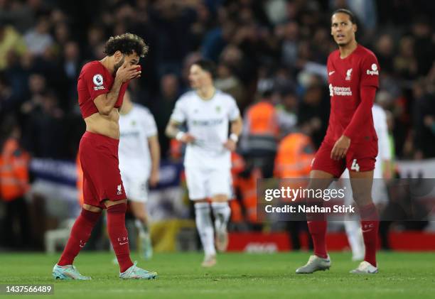 Mohamed Salah of Liverpool reacts during the Premier League match between Liverpool FC and Leeds United at Anfield on October 29, 2022 in Liverpool,...