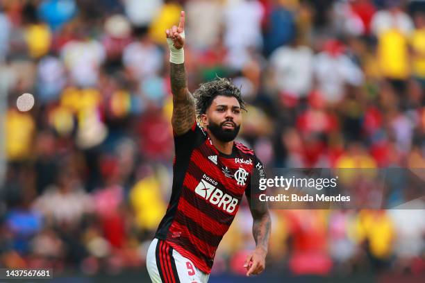 Gabriel Barbosa of Flamengo celebrates after scoring the first goal of his team during the final of Copa CONMEBOL Libertadores 2022 between Flamengo...