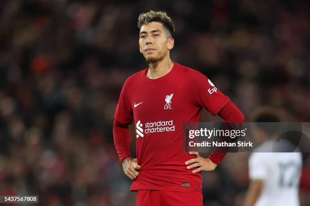 Roberto Firmino of Liverpool looks dejected during the Premier League match between Liverpool FC and Leeds United at Anfield on October 29, 2022 in...