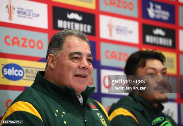 Mal Meninga, Head Coach of Australia and Jeremiah Nanai of Australia speak to the media following the Rugby League World Cup 2021 Pool B match...