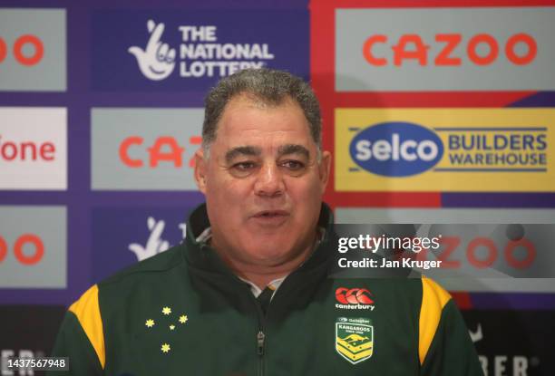 Mal Meninga, Head Coach of Australia speaks to the media following the Rugby League World Cup 2021 Pool B match between Australia and Italy at...