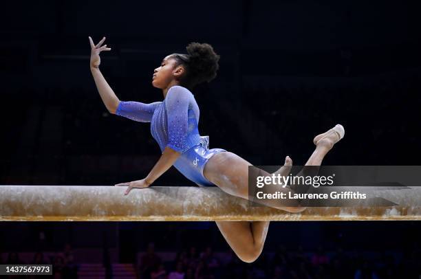 Skye Blakely of Team United States of America competes on Balance Beam during Women's Qualification on Day One of the FIG Artistic Gymnastics World...