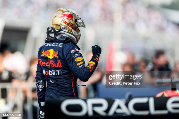 Max Verstappen of Red Bull Racing and The Netherlands celebrates pole position during qualifying ahead of the F1 Grand Prix of Mexico at Autodromo...