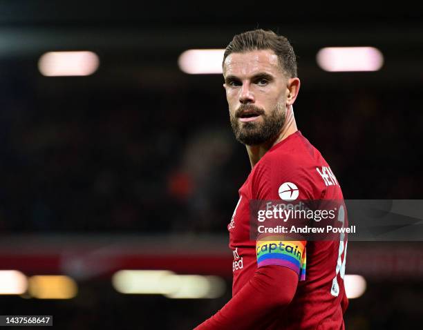 Jordan Henderson captain of Liverpool wearing the rainbow captain armband in support of the LGBTQ+ during the Premier League match between Liverpool...