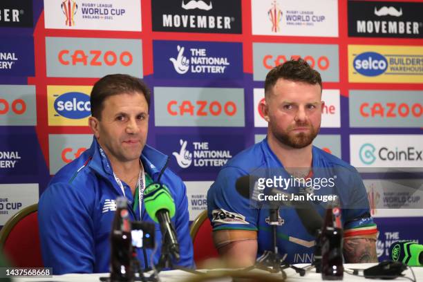 Leo Epifania, Head Coach of Italy and Nathan Brown speak to the media following the Rugby League World Cup 2021 Pool B match between Australia and...