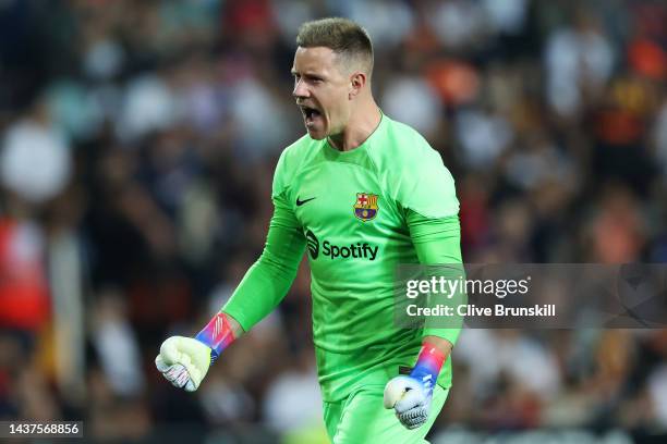 Marc-Andre ter Stegen of FC Barcelona celebrates after teammate Robert Lewandowski scores their team's first goal during the LaLiga Santander match...