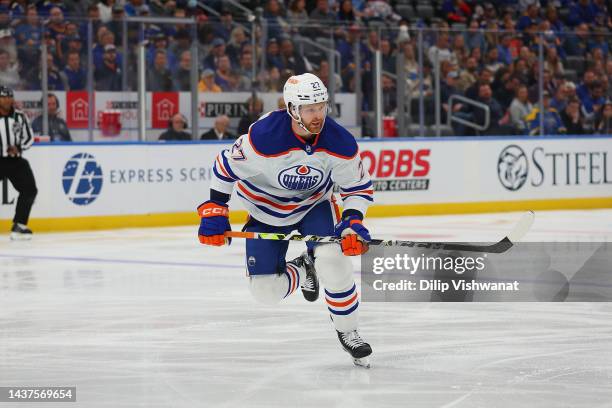 Brett Kulak of the Edmonton Oilers skates against the St. Louis Blues at Enterprise Center on October 26, 2022 in St Louis, Missouri.