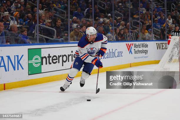 Cody Ceci of the Edmonton Oilers skates against the St. Louis Blues at Enterprise Center on October 26, 2022 in St Louis, Missouri.