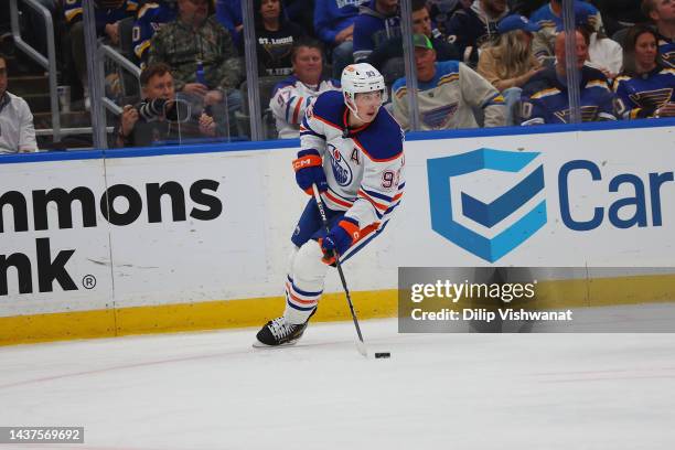 Ryan Nugent-Hopkins of the Edmonton Oilers skates against the St. Louis Blues at Enterprise Center on October 26, 2022 in St Louis, Missouri.