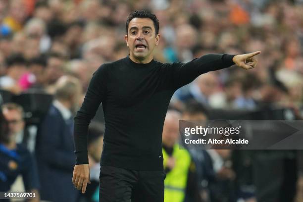 Xavi, Head Coach of FC Barcelona reacts during the LaLiga Santander match between Valencia CF and FC Barcelona at Estadio Mestalla on October 29,...