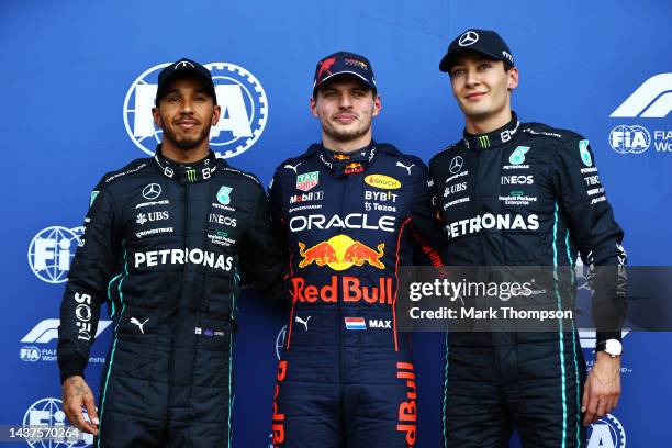 Pole position qualifier Max Verstappen of the Netherlands and Oracle Red Bull Racing , Second placed qualifier George Russell of Great Britain and...