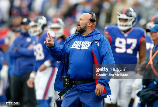 Head coach Brian Daboll of the New York Giants in action against the Chicago Bears at MetLife Stadium on October 02, 2022 in East Rutherford, New...