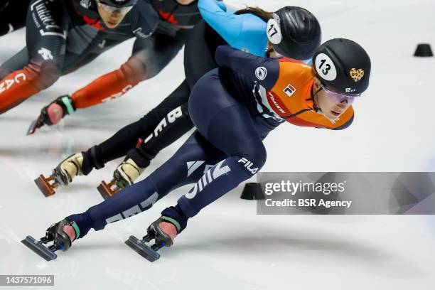 Rianne de Vries of The Netherlands competing during the Short Track Speed Skating World Cup at the Maurice-Richard Arena on October 29, 2022 in...