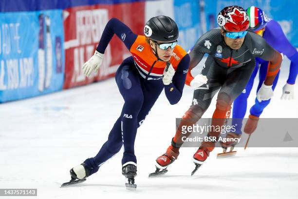 Jens van 't Wout of The Netherlands, Maxime Laoun of Canada competing during the Short Track Speed Skating World Cup at the Maurice-Richard Arena on...