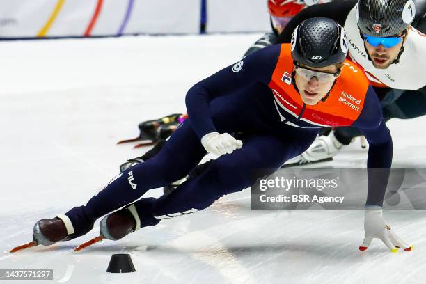 Teun Boer of The Netherlands, Roberts Kruzbergs of Latvia competing during the Short Track Speed Skating World Cup at the Maurice-Richard Arena on...