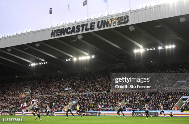 General view of the action with the rainbow laces advertising hoardings during the Premier League match between Newcastle United and Aston Villa at...