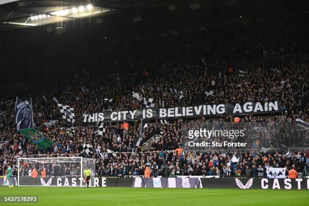 Flag in the Gallowgate reads 'This City is Believing Again' during the Premier League match between Newcastle United and Aston Villa at St. James...