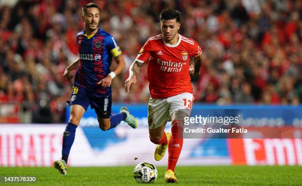 Enzo Fernandez of SL Benfica with Joao Teixeira of GD Chaves in action during the Liga Portugal Bwin match between SL Benfica and GD Chaves at...