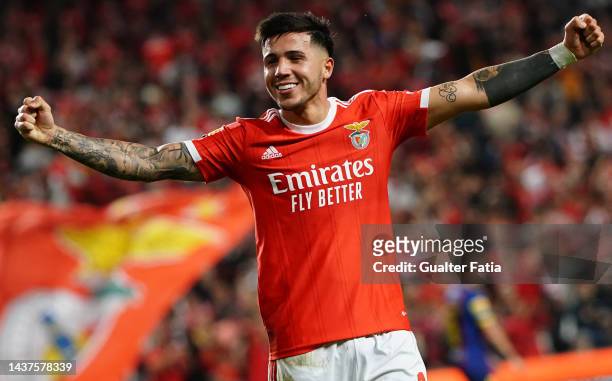 Enzo Fernandez of SL Benfica celebrates after scoring a goal during the Liga Portugal Bwin match between SL Benfica and GD Chaves at Estadio da Luz...