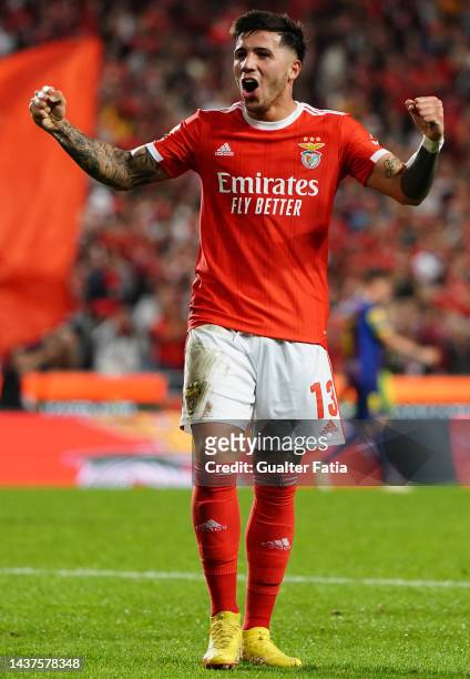 Enzo Fernandez of SL Benfica celebrates after scoring a goal during the Liga Portugal Bwin match between SL Benfica and GD Chaves at Estadio da Luz...