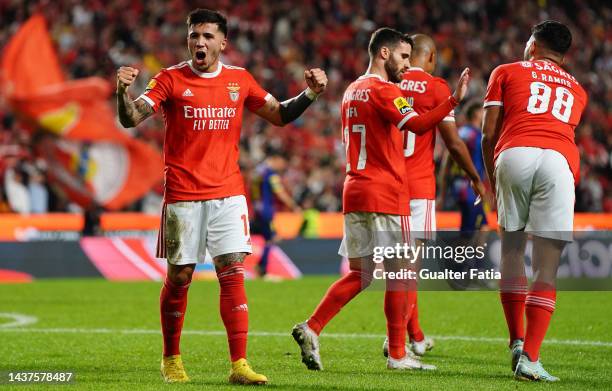 Enzo Fernandez of SL Benfica celebrates after scoring a goal during the Liga Portugal Bwin match between SL Benfica and GD Chaves at Estadio da Luz...