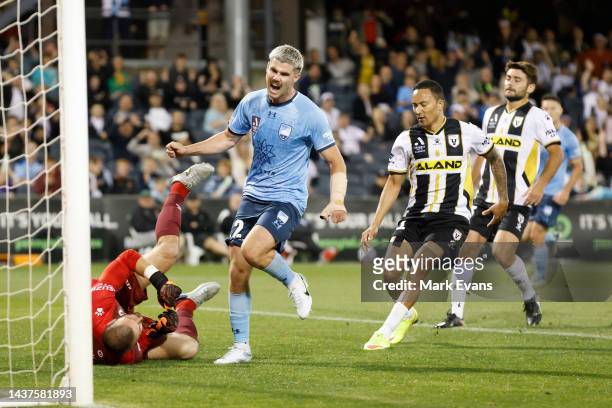 Patrick Wood of Sydney FC celebrates a goal during the round four A-League Men's match between Macarthur FC and Sydney FC at Campbelltown Stadium, on...